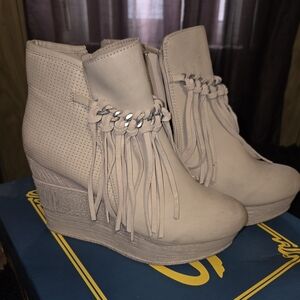 Sbicca Beige Fringe Wedge Boots